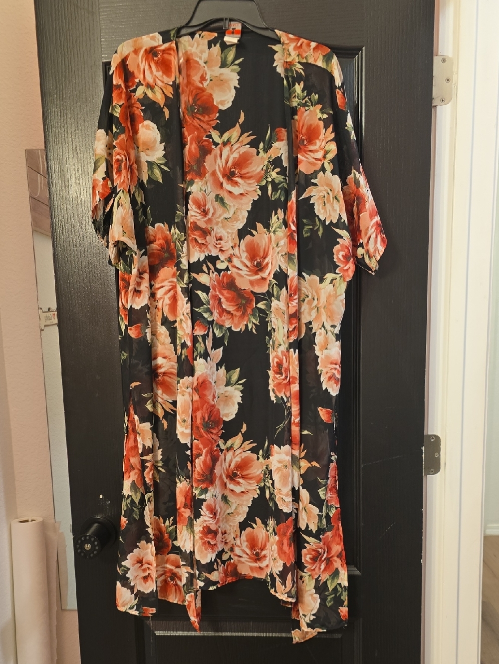 Floral Black & Coral Kimono Dress Cover-Up